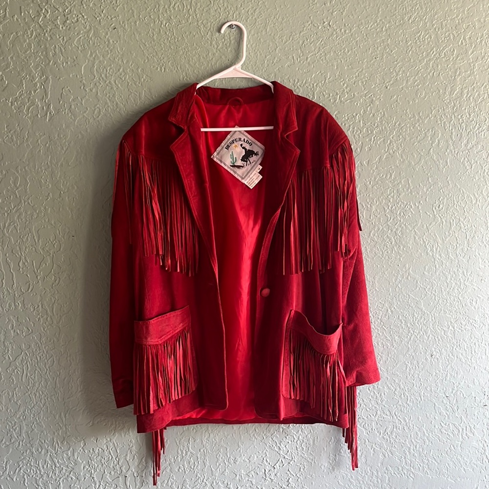 Vintage Desperado Red Fringe Leather Jacket Size Medium